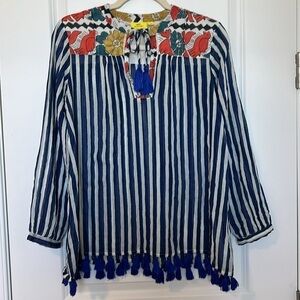 Roller Rabbit Josephina Striped 100% Cotton Tunic Shirt Tassel Hem Size XS